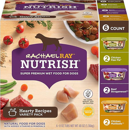 Nutrish Rachael Ray Wet Dog Food Variety Pack Hearty Recipes, six (6) 8 oz Tubs 2 Count (Pack of 24)