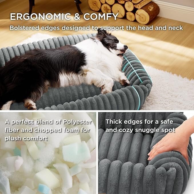 Bedsure ComfyFleece™ Cute Dog Bed for Large Dogs - Washable Furry Puppy Beds, Rectangle Orthopedic Corduroy Fleece Pet Beds with Removable Zipper Cover, 36x27x8inches, Warm Grey