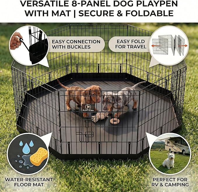 PJYuCien Dog Playpen with Bottom Pad - Metal Foldable Exercise Pen, 8 Panels 24" H x 24" W Indoor Outdoor Pet Fence Puppy Crate Kennel, Black
