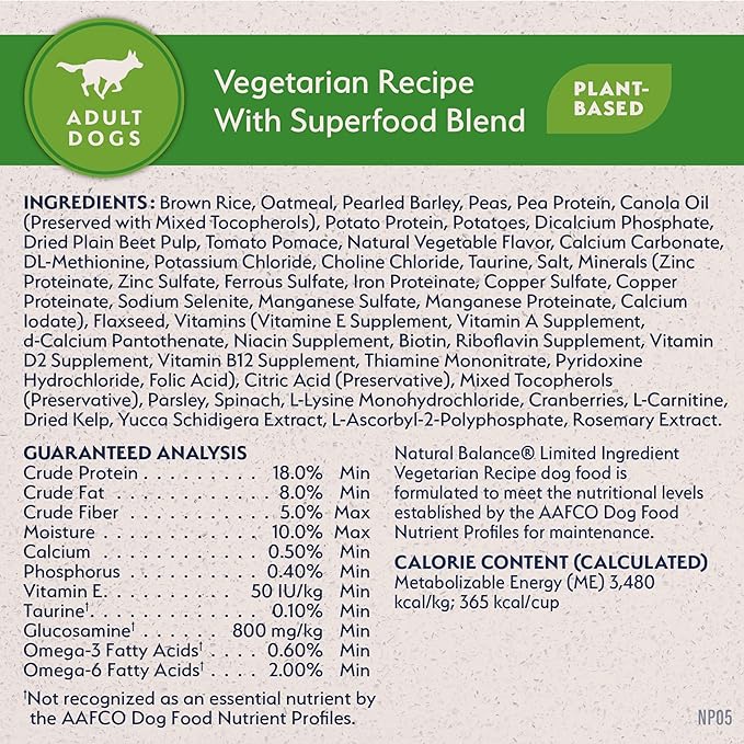 Natural Balance Limited Ingredient Adult Dry Dog Food with Vegan Plant Based Protein and Healthy Grains, Vegetarian Recipe, 4 Pound (Pack of 1)