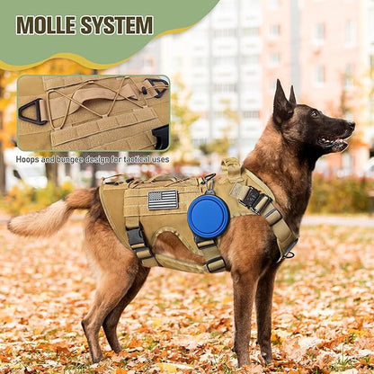 Tactical Dog Harness for Large Dog, Dog Collar and Bungee Leash Set No-Pull Military Dog Harness - Walking Training Gear for Large Dogs, Adjustable for Medium,Chest 21.5"-45", Khaki