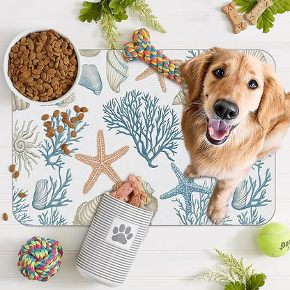 Starfish Dog Food Mat for Floors,Coral Shell Ocean Absorbent Quick-Dry Pet Feeding Mat, Cat Dog Bowl Mats for Food and Water,Non-Slip Pet Accessories Supplies 12"x20"