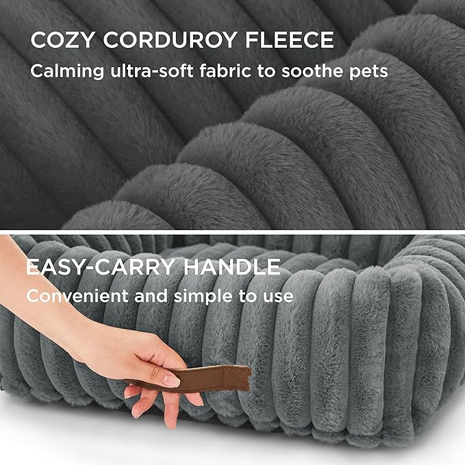Bedsure ComfyFleece™ Washable Dog Bed for Medium Dogs - Cute Furry Puppy Beds, Rectangle Orthopedic Corduroy Fleece Pet Beds with Removable Zipper Cover, 30x24x8inches, Warm Grey