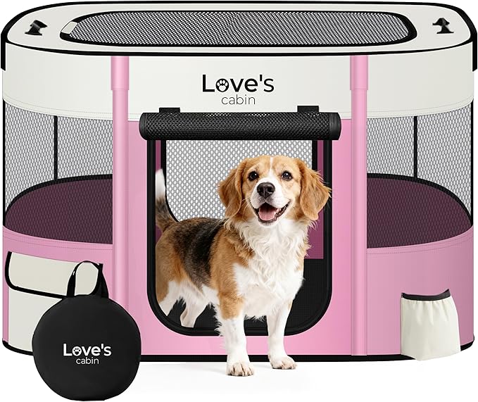 Love's cabin Pet Puppy Dog Playpen, Large Dog Tent Crates Cage Indoor/Outdoor, Portable Exercise Playpen for Cat, Foldable Pop Up Dog Kennel Playpen with Carring Case (L, Light Pink)