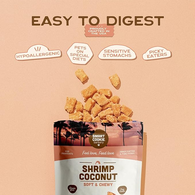Smart Cookie All Natural Dog Treats - Shrimp & Coconut - Training Treats for Dogs with Allergies, Sensitive Stomachs - Soft Dog Treats, Chewy, Grain Free, Human-Grade, Made in USA - 5oz, Pack of 3