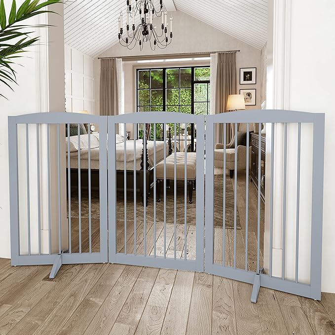 PUPETPO Freestanding Pet Gate for Dogs, Foldable Wooden Dog Gate for House Indoor, Tall Pet Fence for Stair, Doorway,Hall, Support Feet Included, 3 Panels 32",Grey