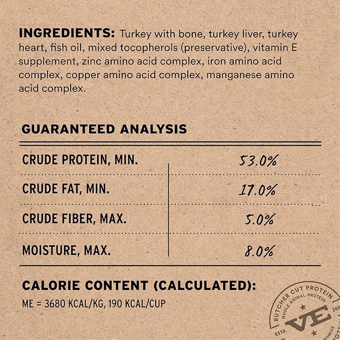 Vital Essentials Freeze Dried Dog Food, Raw Turkey Crunchy Mini Nibs | Complete Meal or Topper | 96% Turkey, Organs & Bone | Limited Ingredient, High Protein, Grain Free Dry Dog Food | 5.5 oz Bag