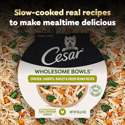 Cesar Wholesome Bowls Adult Wet Dog Food, Chicken, Carrots, Barley & Green Beans Recipe, Wet Food for Dogs, 3 Oz. Bowls, 10 Count