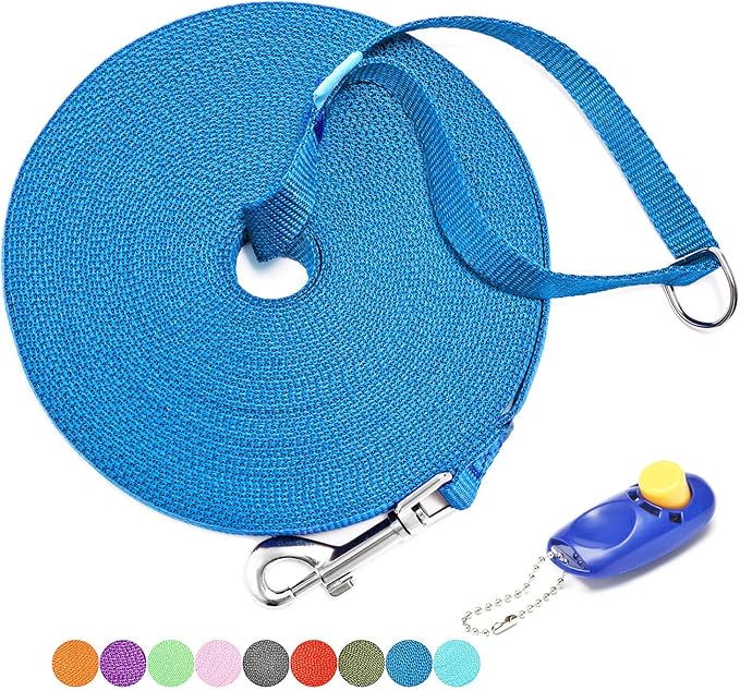 BAAPET 15/20/30/50/100 ft Long Dog Training Leash with Clickers for Small, Medium and Large Dogs or Cats (15 Feet, Blue)