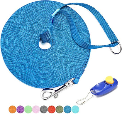 BAAPET 15/20/30/50/100 ft Long Dog Training Leash with Clickers for Small, Medium and Large Dogs or Cats (15 Feet, Blue)