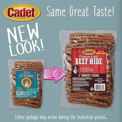 Cadet Premium Grade Beef Hide for Dogs, Long-Lasting Munchy Chew Sticks, Single-Ingredient Rawhide Dog Chews, 5-Inch, 100 Count