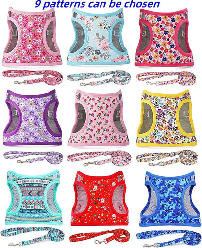Moonpet Step in Dog Harness Leash Set- All Weather Reflective No-Pull Floral Pattern Padded Mesh Vest Harness for Cats Puppy Extra-Small Small Medium Large Dogs - Purple Flower - XL