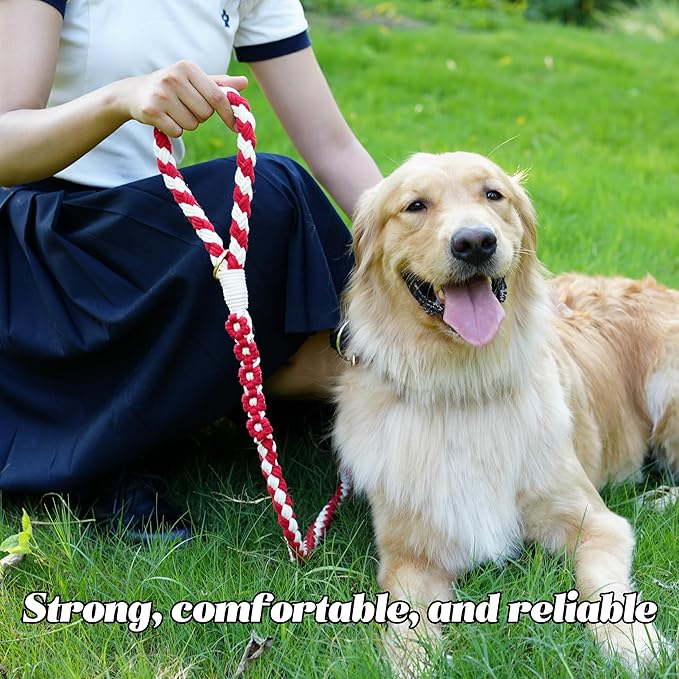 Handmade 5ft Braided Cotton Dog Leash with Unique Floral Handle, Durable and Stylish, Ideal for Small to Large Dogs, Red & White Twist