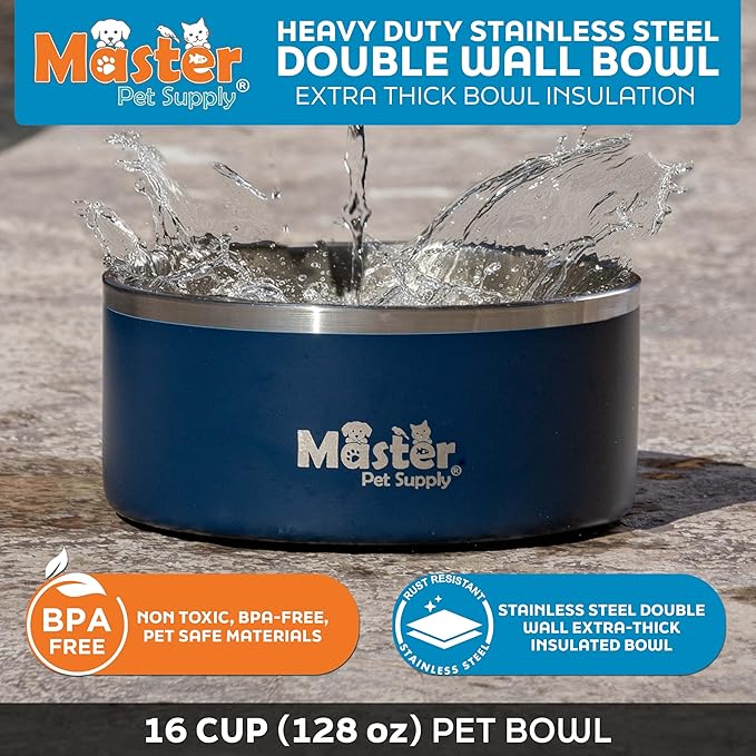 Master Pet Supply Stainless Steel Dog Bowls - 128 oz, Heavy Duty - Navy Blue, Double Wall Extra-Thick Insulated, Non-Slip Pet Water Bowl for Dogs, Cats & Pets, Anti Rust Metal, Dish Washer Safe