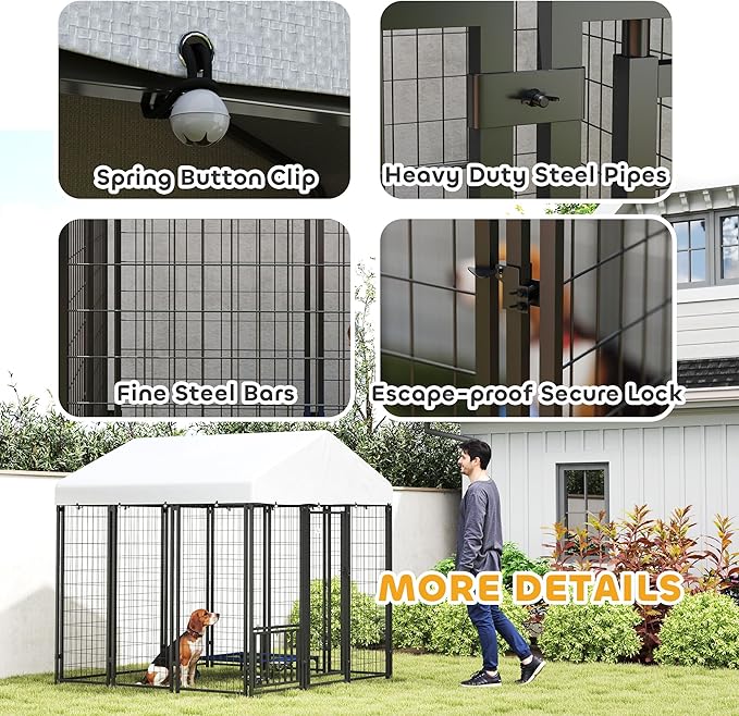 PawHut Outdoor Dog Kennel with Roof, 6' x 6' x 6' Heavy Duty Welded Wire Dog Playpen Enclosure with Escape-Proof Lock, Adjustable Bowls, UV-Resistant & Waterproof Cover, for S&M&L Breeds, Silver