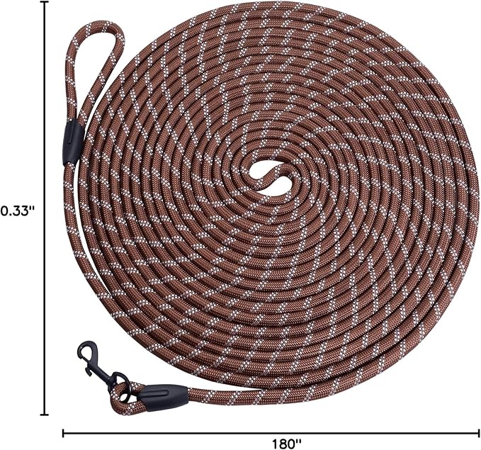 Long Dog Leash for Training 15Ft-Reflective Nylon Rope with Swivel Hook-Recall Agility Lead for Large Small Medium Dogs Outside Walking Hiking-Brown