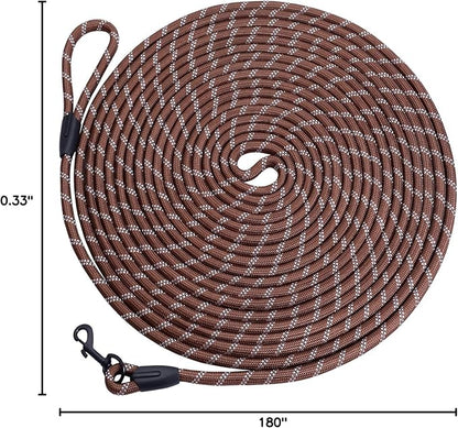 Long Dog Leash for Training 15Ft-Reflective Nylon Rope with Swivel Hook-Recall Agility Lead for Large Small Medium Dogs Outside Walking Hiking-Brown