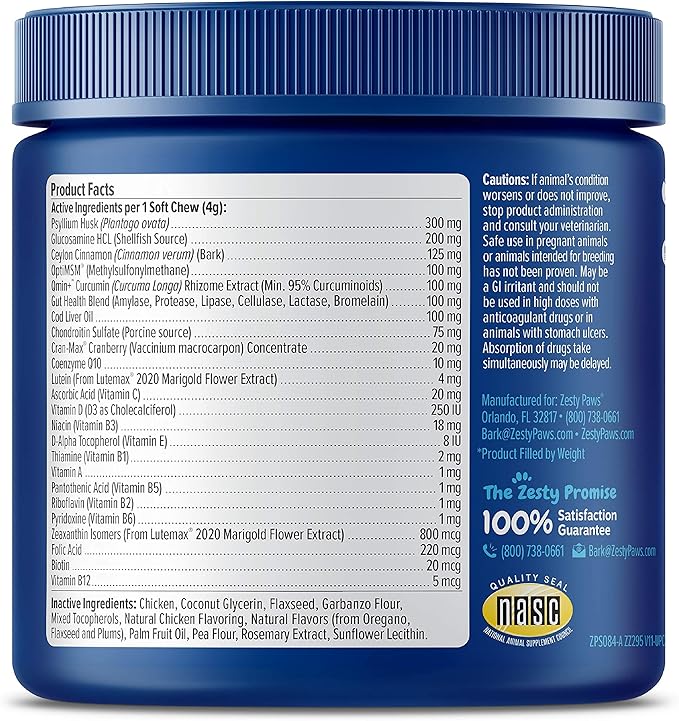 Zesty Paws Senior Dog Multivitamin Treats - Glucosamine for Dogs + Digestive Enzymes & Probiotics - Grain Free Dog Vitamins and Supplements for Skin & Coat + Immune Health Chicken - Advanced - 90ct