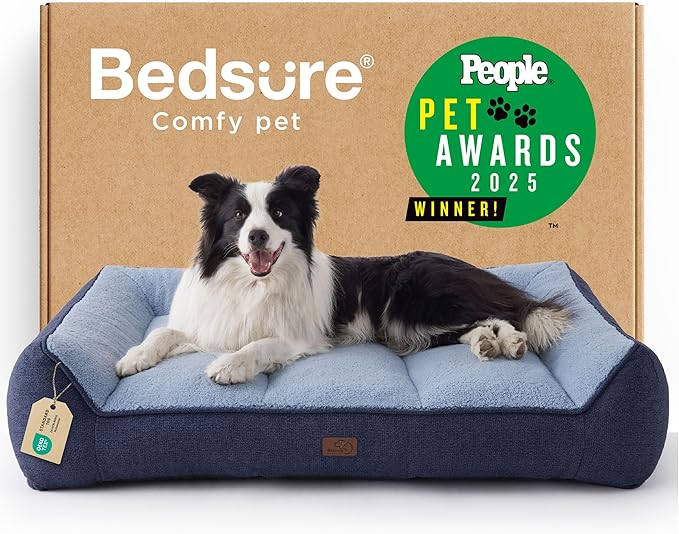 Bedsure SupportMax™ Orthopedic Dog Beds Large Sized Dog - As Seen on TV Extra Thick Supportive Large Dogs Bed with Waterproof Washable Cover, L Plus Comfort Pet Sofa with Soft Sherpa, Navy, 38"