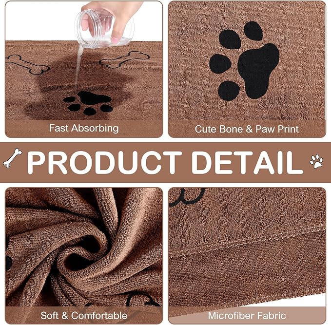 Chumia 8 Pcs Dog Towels for Drying Dogs Cats Pet Towels Bulk Puppy Microfiber Fast Drying Paw Bath Bathing Supplies Absorbent for Medium Pets(40 x 24 Inch,Dog Paw and Bone,Coffee)