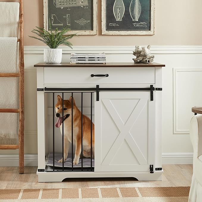 37.8" Furniture Style Dog Crates with Drawer, Farmhouse Wooden Dog Kennel Furniture with Sliding Barn Door & Water Resistant for Small/Medium/Large Dog, White