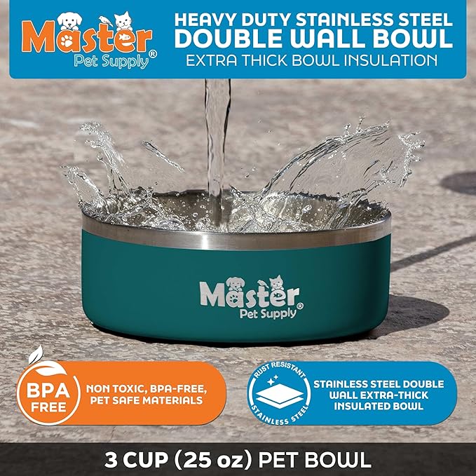 Master Pet Supply Stainless Steel Dog Bowls - 25 oz, Heavy Duty - Emerald Sea, Double Wall Extra-Thick Insulated, Non-Slip Pet Water Bowl for Dogs, Cats & Pets, Anti Rust Metal, Dish Washer Safe