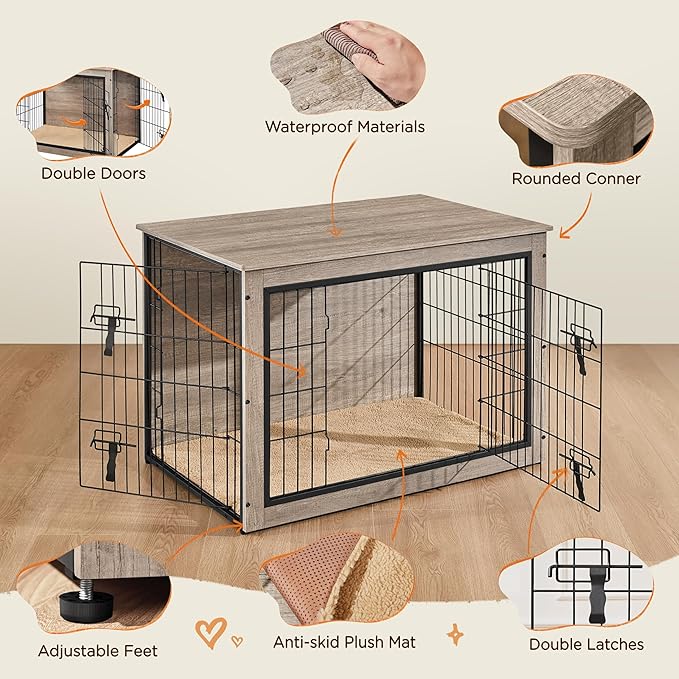 Yaheetech 38'' Dog Crate Furniture with Cushion Wooden Dog Crate with Double Doors/Adjustable Feet Side End Table for Medium/Large Dogs, 37.80" L x 25.59" W x 26.57" H