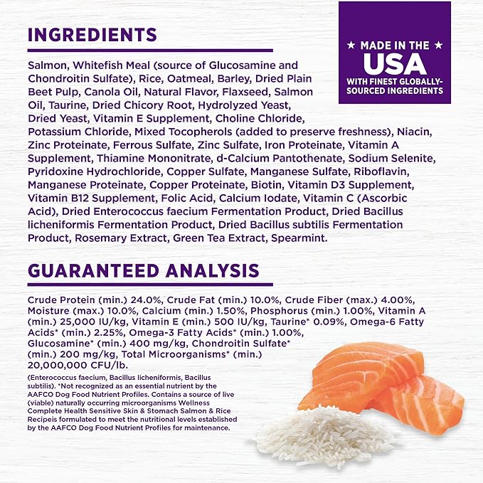 Wellness Complete Health Sensitive Skin and Stomach Dry Dog Food, Wholesome Grain Kibble, Natural, Chicken Free, Salmon and Rice Recipe, 24 lb Bag