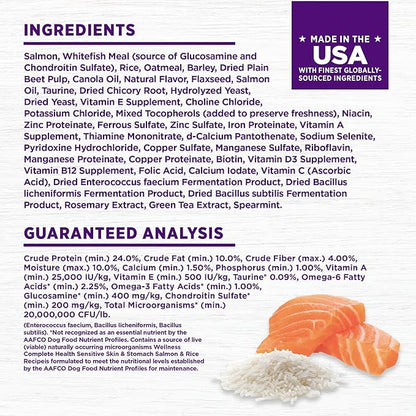 Wellness Complete Health Sensitive Skin and Stomach Dry Dog Food, Wholesome Grain Kibble, Natural, Chicken Free, Salmon and Rice Recipe, 24 lb Bag
