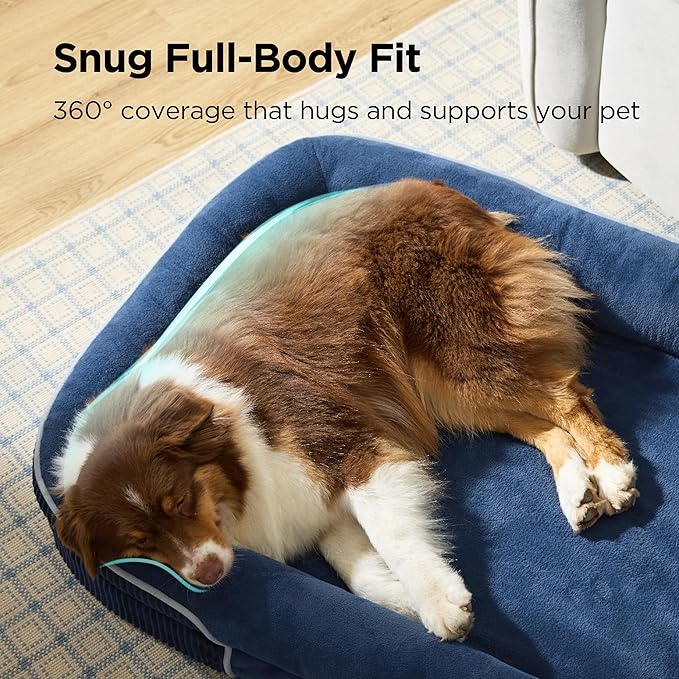 Bedsure L Plus Orthopedic Dog Beds Large Sized Dog - 360° Oval Bolster Large Dogs Bed for Senior Dogs with Waterproof Washable Cover, Big Comfort Pet Sofa Couch with Ultra-Soft Fleece, Navy Blue, 38"