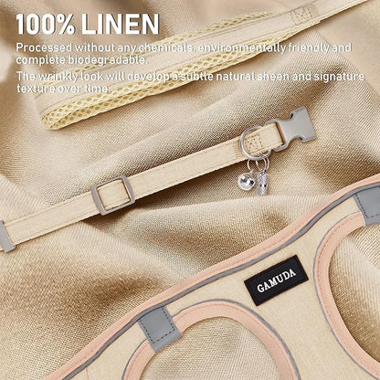 GAMUDA Small Pet Harness Collar and Leash Set, Step in No Chock No Pull Linen Fabric Soft Mesh Dog Vest Harnesses Reflective for Dogs Puppy Cats Kitten Rabbit (Khaki, L)