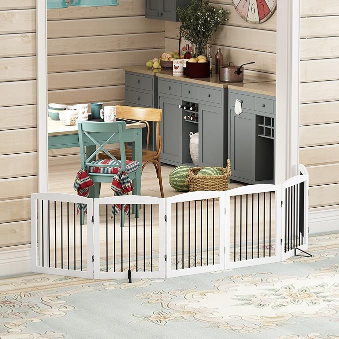 PUPETPO Freestanding Pet Gate for Dogs, Foldable Wooden Dog Gate for House, Extra Wide Indoor Pet Barrier for Stair, Doorway, Hall, Support Feet Included, 120 Inch Wide, 6 Panels 24", White