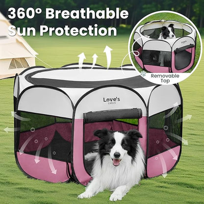 Love's cabin Pet Puppy Dog Playpen, Large Dog Tent Crates Cage Indoor/Outdoor, Portable Playpen for Cat, Foldable Pop Up Dog Kennel Playpen with Carring Case, Removable Zipper Top, Light Pink