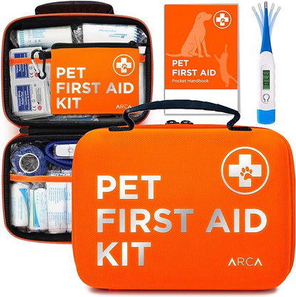 ARCA PET Cat & Dog First Aid Kit for Car - Pet Emergency Kit for Home Office Travel – Dog Camping Essentials with Digital Thermometer, Muzzle & Mini First Aid Pouch