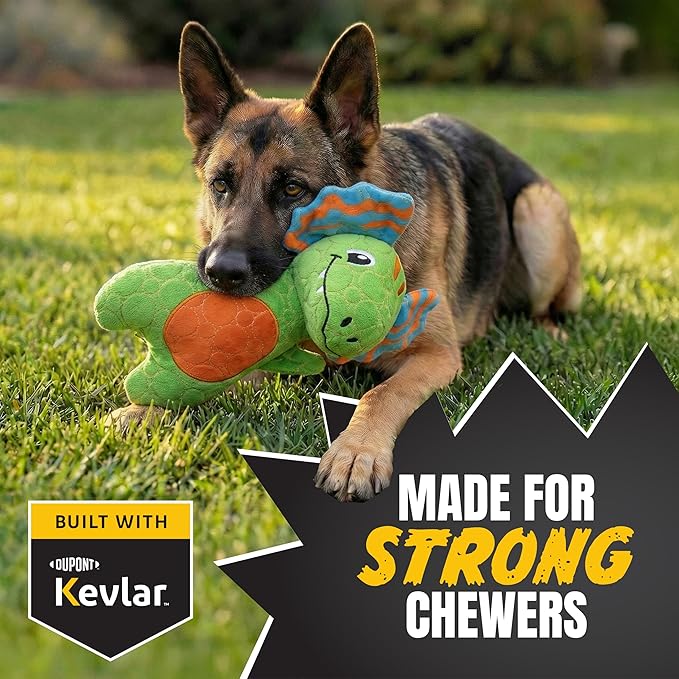 Bite Force - Durable & Strong Dog Toy Green Dino with Squeaker, Kevlar-Reinforced for Aggressive chewers.