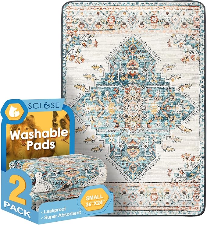 SCLOSE Washable Pee Pads for Dogs 2 Pack, 36" x 24" Reusable Puppy Pads Waterproof, Super Absorbent Dog Rugs, Leakproof, Dog Crate Pad, Playpen Mat, Whelping Pads, Blue Medallion