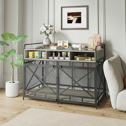 Fulhope Dog Crate Furniture, 48" Heavy Duty Wooden Dog Crate End Table, XL Dog Kennel Furniture Large Breed, Decorative Dog Kennel Indoor with 3 Drawers & Steel Tubes 48" L x28 W x36 H (Grey)