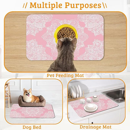 Pet Feeding Mat,Boho Mandala Absorbent Dog Cat Food Mat Pink Flower Dog Mat with Rubber Backing,Non-Slip Water Bowl Placemat,Pet Supplies 12" x 20"