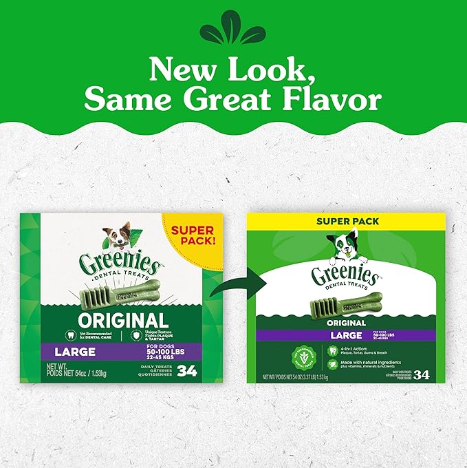 Greenies Veterinarian-Recommended Adult Natural Dental Dog Treats Large Size, Dog Dental Chews, Original Flavor, 54 oz. Pack, 34 Count