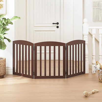 SPIRICH Wooden Freestanding Foldable Dog Gate, Pet Gate Indoor, Dog Gates for Doorways, Stairs, The House, Extra Wide Step Over Puppy Gate, 3 Panels, Brown