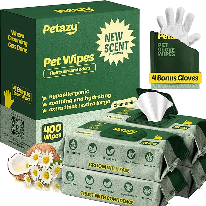 Petazy Dog Wipes for Paws and Butt – 400 Count (8x8in) Hypoallergenic, Deodorizing Pet Wipes for Dogs and Cats | Extra Large, Plant-Based, Chamomile Scented | Includes 4 Grooming Glove Wipes