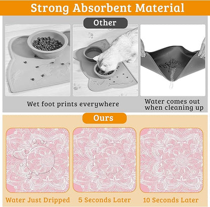 Pet Feeding Mat,Boho Mandala Absorbent Dog Cat Food Mat Pink Flower Dog Mat with Rubber Backing,Non-Slip Water Bowl Placemat,Pet Supplies 12" x 20"