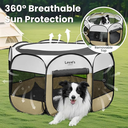 Love's cabin Pet Puppy Dog Playpen, Medium Dog Tent Crates Cage Indoor/Outdoor, Portable Playpen for Cat, Foldable Pop Up Dog Kennel Playpen with Carring Case, Removable Zipper Top, Khaki