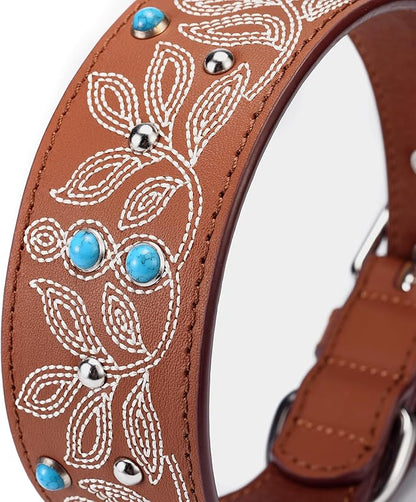 Blueberry Pet Western Dog Collar in Canyon Brown - 15-18 Inch Necks Floral-Embroidered Leather with Turquoise Studs, Dog Collars for Medium Dogs, Adjustable Leather Girl Dog Collar