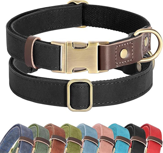Didog Soft PU Leather Dog Collars for Medium Dogs,Classic Adjustable Dog Collars with Quick Release Metal Buckle,Easy Clean and Comfortable with Nylon Lining,Black,M Neck 14-19"