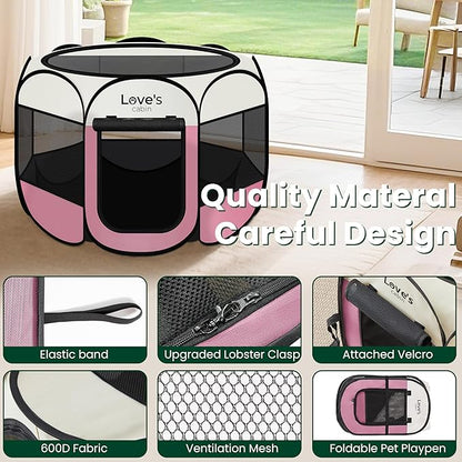 Love's cabin Pet Puppy Dog Playpen, Small Dog Tent Crates Cage Indoor/Outdoor, Portable Playpen for Cat, Foldable Pop Up Dog Kennel Playpen with Carring Case, Removable Zipper Top, Light Pink