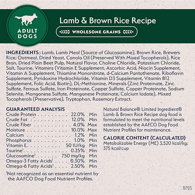 Natural Balance Limited Ingredient Adult Dry Dog Food with Healthy Grains, Lamb & Brown Rice Recipe, 12 Pound (Pack of 1)