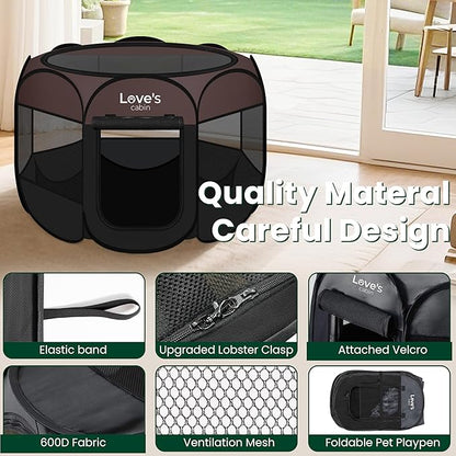 Love's cabin Pet Puppy Dog Playpen, Small Dog Tent Crates Cage Indoor/Outdoor, Portable Playpen for Cat, Foldable Pop Up Dog Kennel Playpen with Carring Case, Removable Zipper Top, Brown