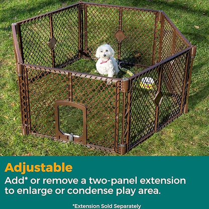 MyPet North States Petyard Passage: 4-Panel Folding Dog Playpen Indoor or Outdoor. 7 sq. ft. Puppy Playpen, Lockable Pet Door. Freestanding Play Pen Dog Gate. Made in USA. 26" Tall, Brown