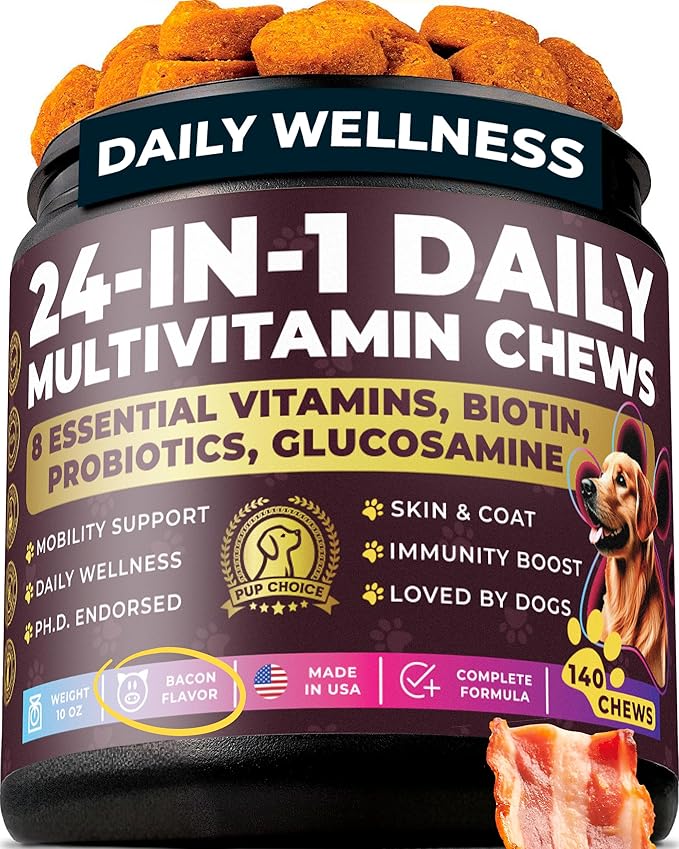 24-in-1 Daily Multivitamin Dog Chews – Joint, Skin & Coat, Digestion & Immunity Support – Glucosamine, Omega-3, Probiotics for Gut Health – PhD-Endorsed, 140 Chews, Bacon Flavor